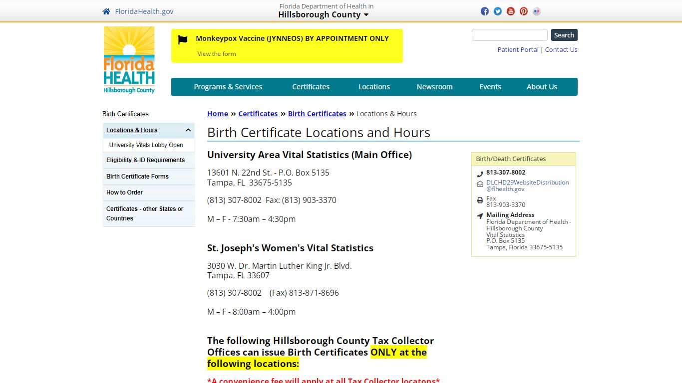 Birth Certificate Locations and Hours | Florida Department of Health in ...